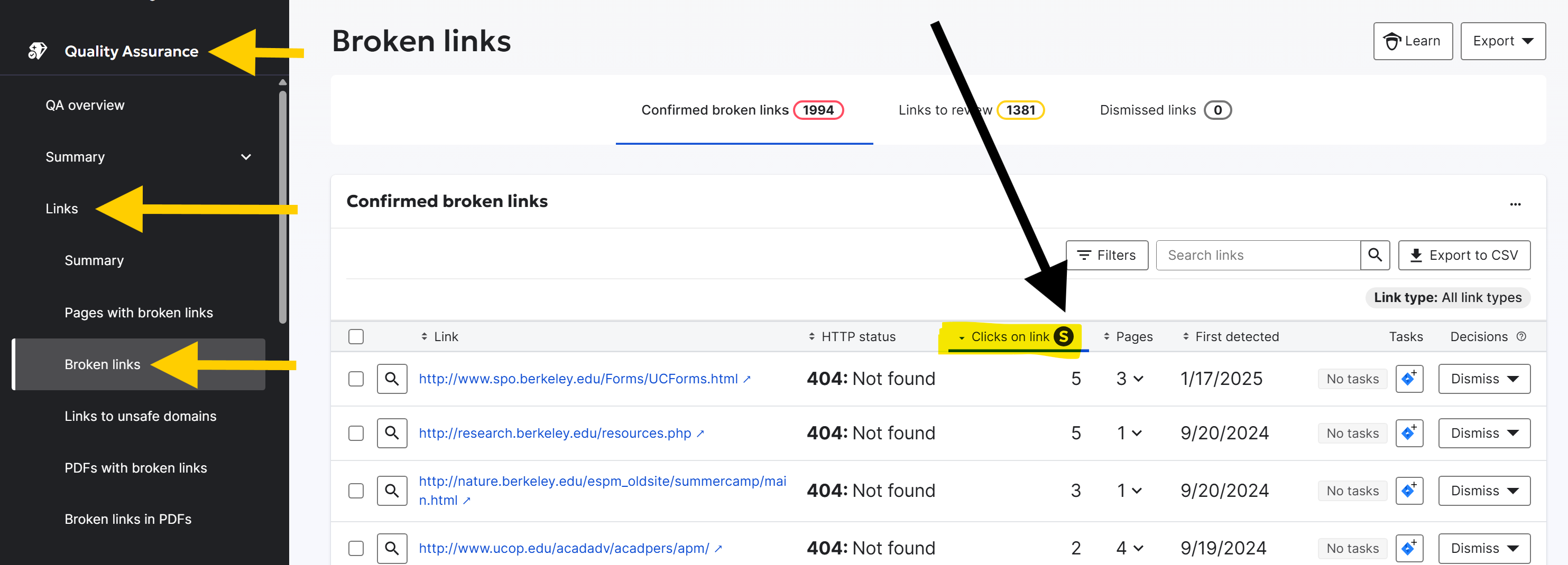 Siteimprove interface showing the number of clicks on broken links