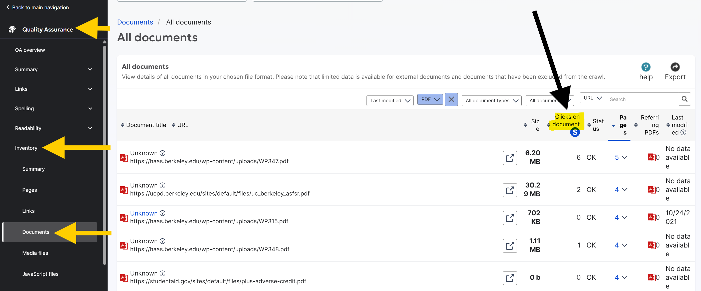 Siteimprove interface showing the number of document downloads
