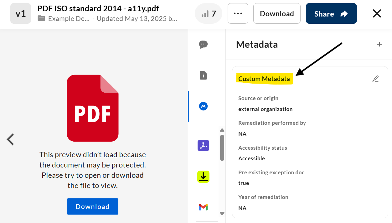 Examples of custom metadata, such as document source, accessibility status, or year of remediation
