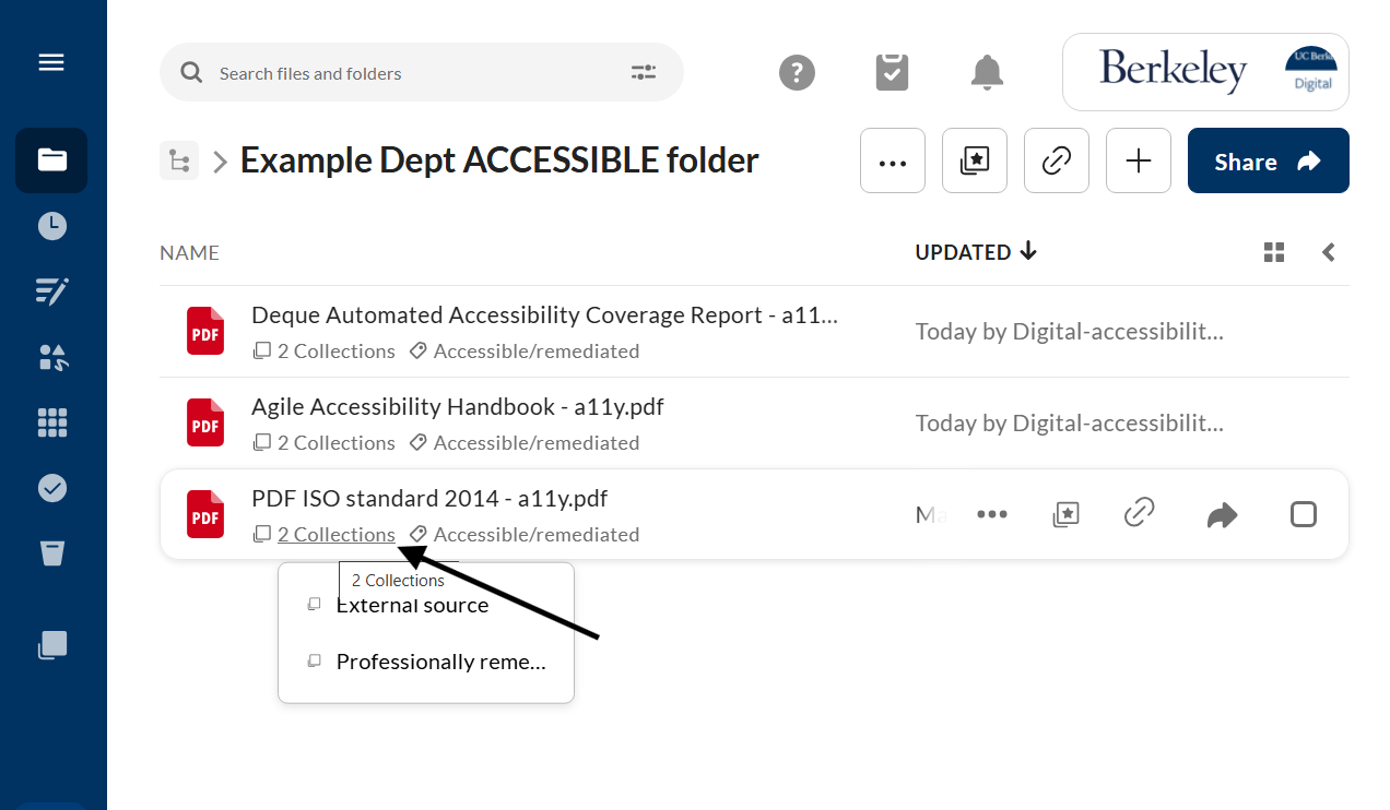 Editor view of a mouse hover over collections link displays the collections a document is part of