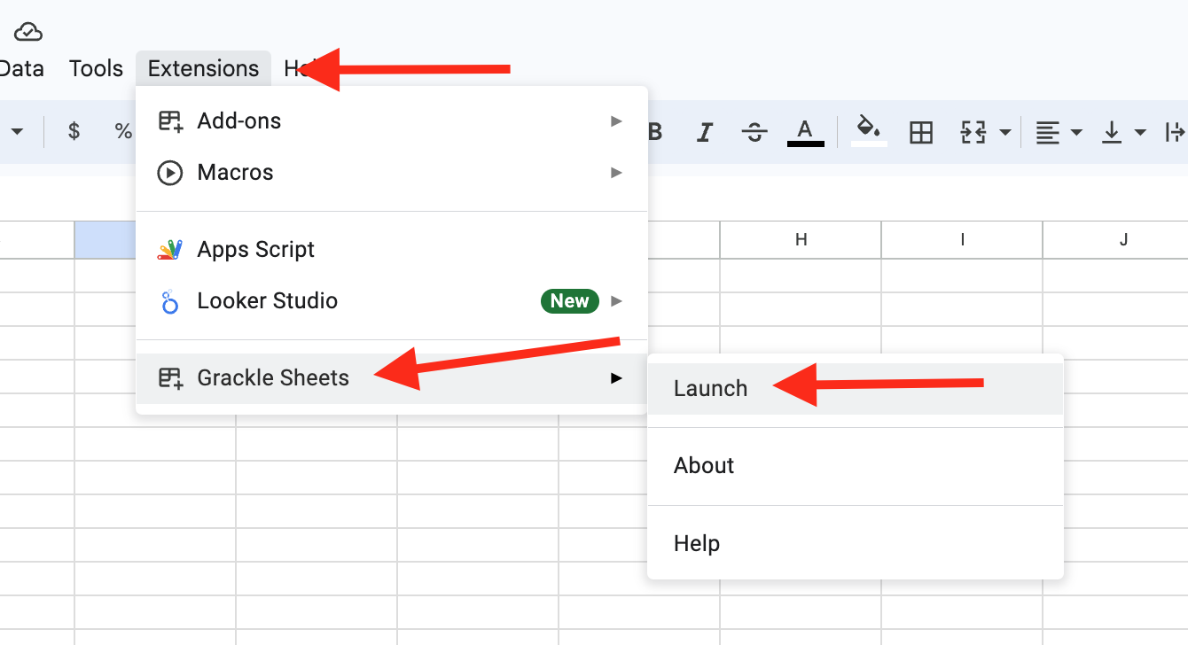 Screenshot of Google Sheet interface. Arrows point toward "Extension", "Grackle Sheets", and "Launch". 