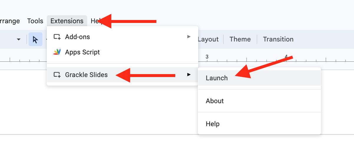 Screenshot of Google Slide interface. Arrow points toward "Extension", "Grackle Docs", and "Launch".