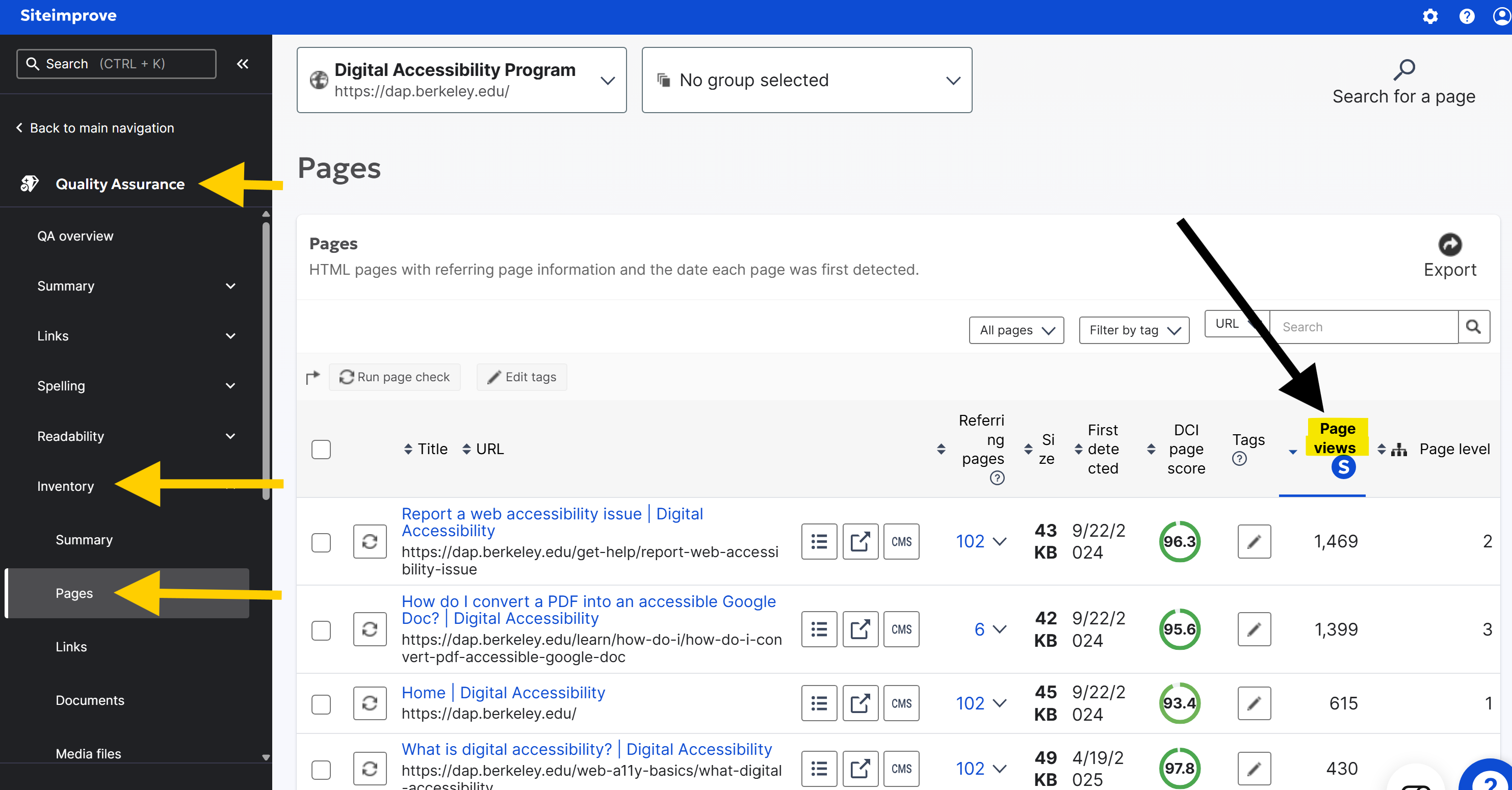 Siteimprove interface showing the number of page views for each web page