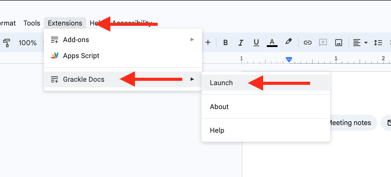 Screenshot of Google Doc interface. Arrows point toward "Extension", "Grackle Docs",  and "Launch". 