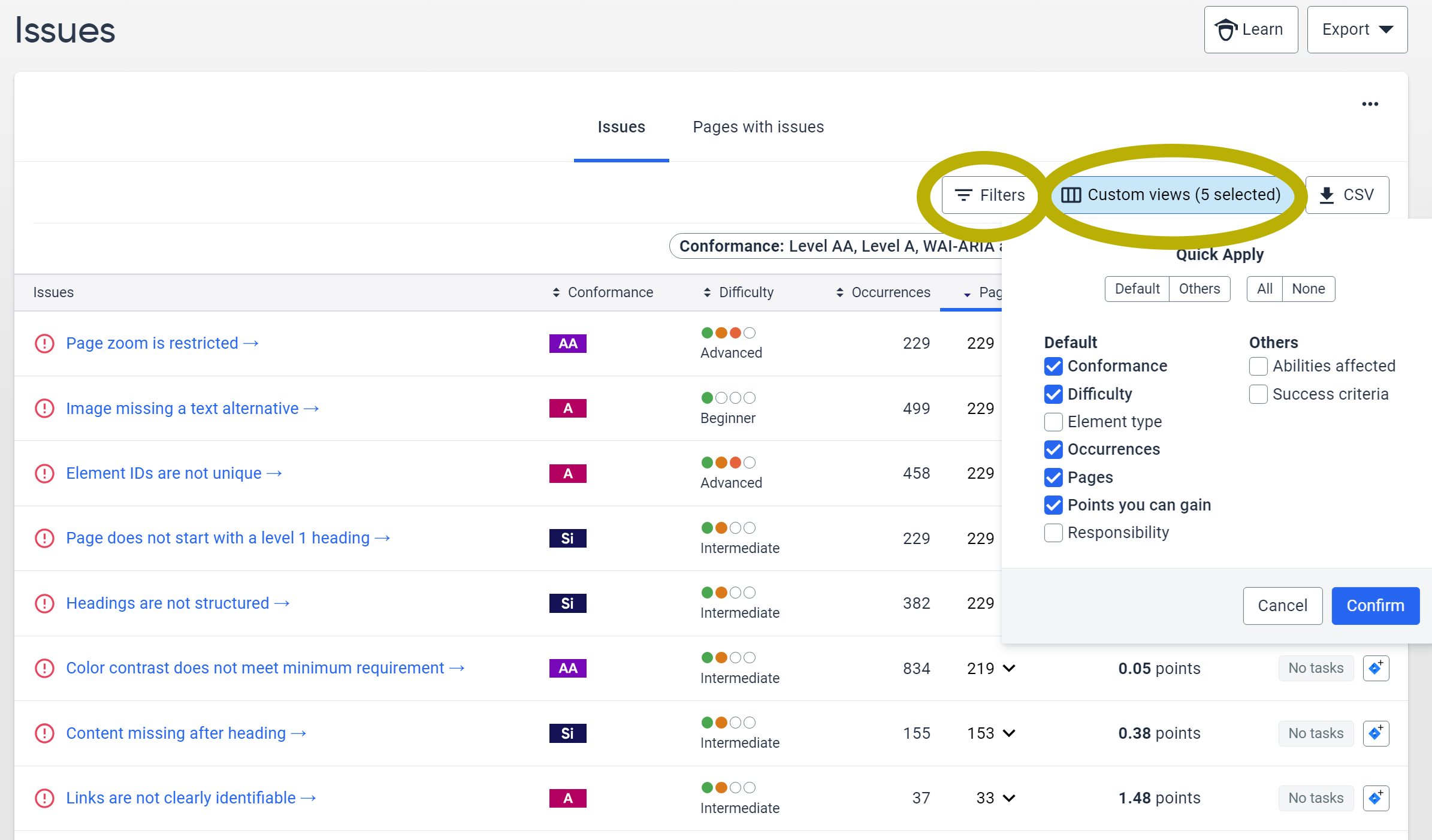 Filters and Custom views are circled and show settings.
