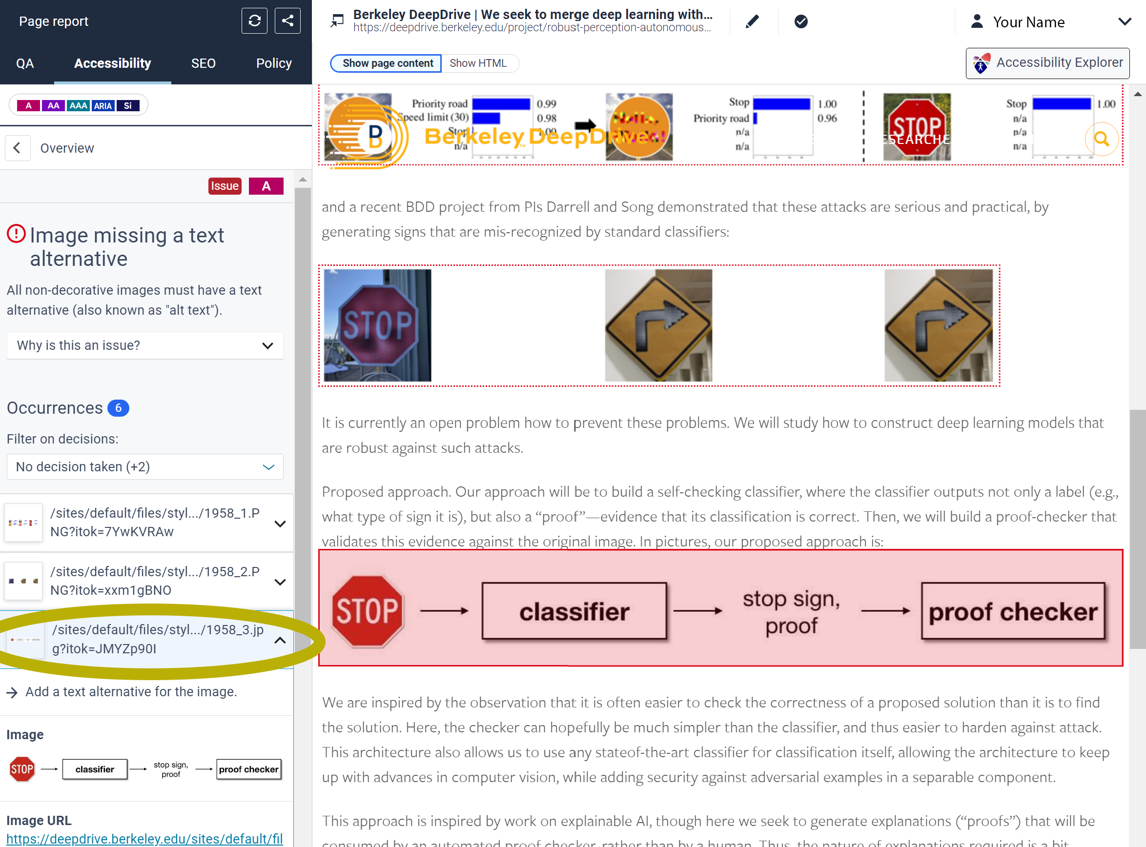 One instance of an alt text error is circled and the element with this issue is highlighted.