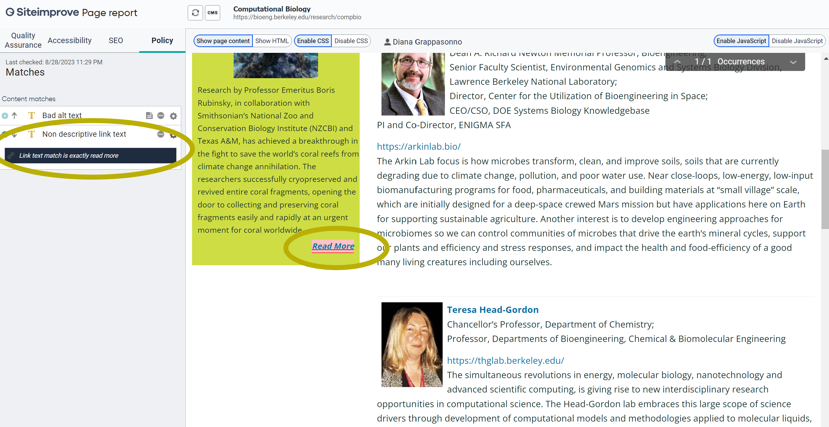 The issue found by Siteimprove is highlighted on a preview of the web page.