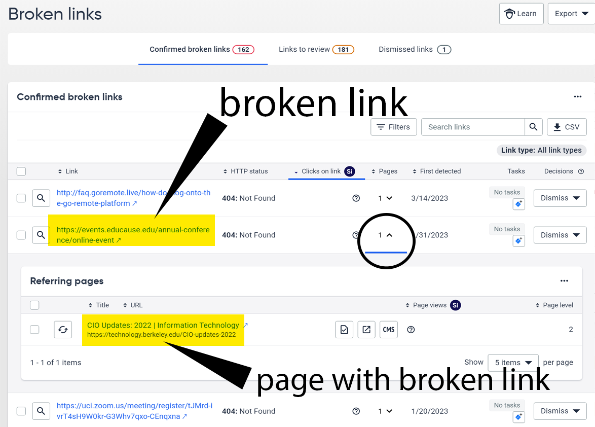 How to display the page that has a broken link