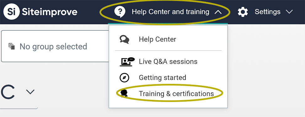 From the Help Center and training drop-downmenu, Training and certification is the 3rd item.