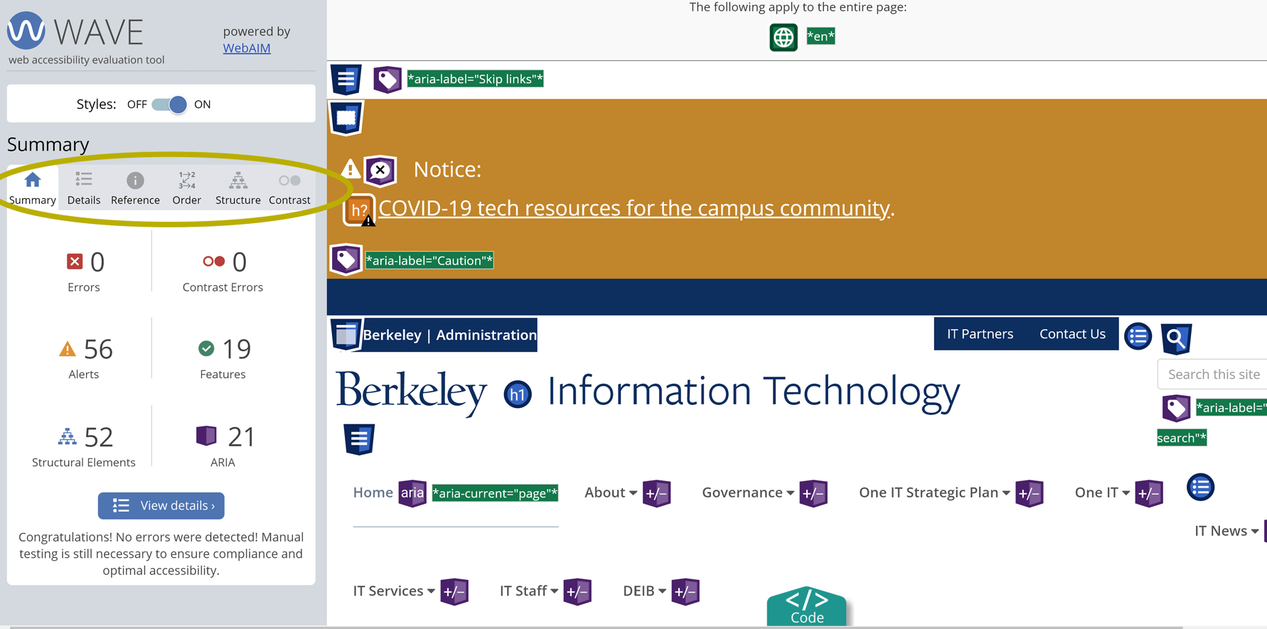 WAVE interface show summary of issues listed in one pane and web page with graphic markers in the other.