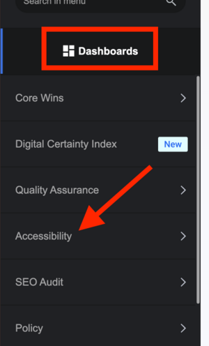 Screenshot from Siteimprove that shows website dashboard. A big red arrow points toward "Accessibility".