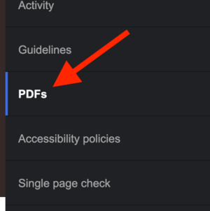 Screenshot from Siteimprove that shows a big red arrow pointing toward the "PDFs" link in the accessibility menu. 