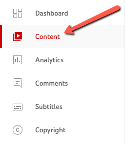 Arrow pointing to Content in sidebar menu of YouTube Studio