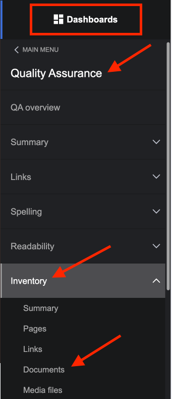 Screenshot from Siteimprove showing steps to read the all document's tab in the interface. 