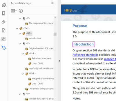 PDF tag pane with an Heading selected, which is also highlighted in the document.